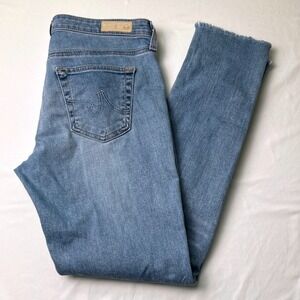 AG Adriano Goldschmied Mid Rise Super Skinny Ankle Jeans Blue 27/4 Raw Hem